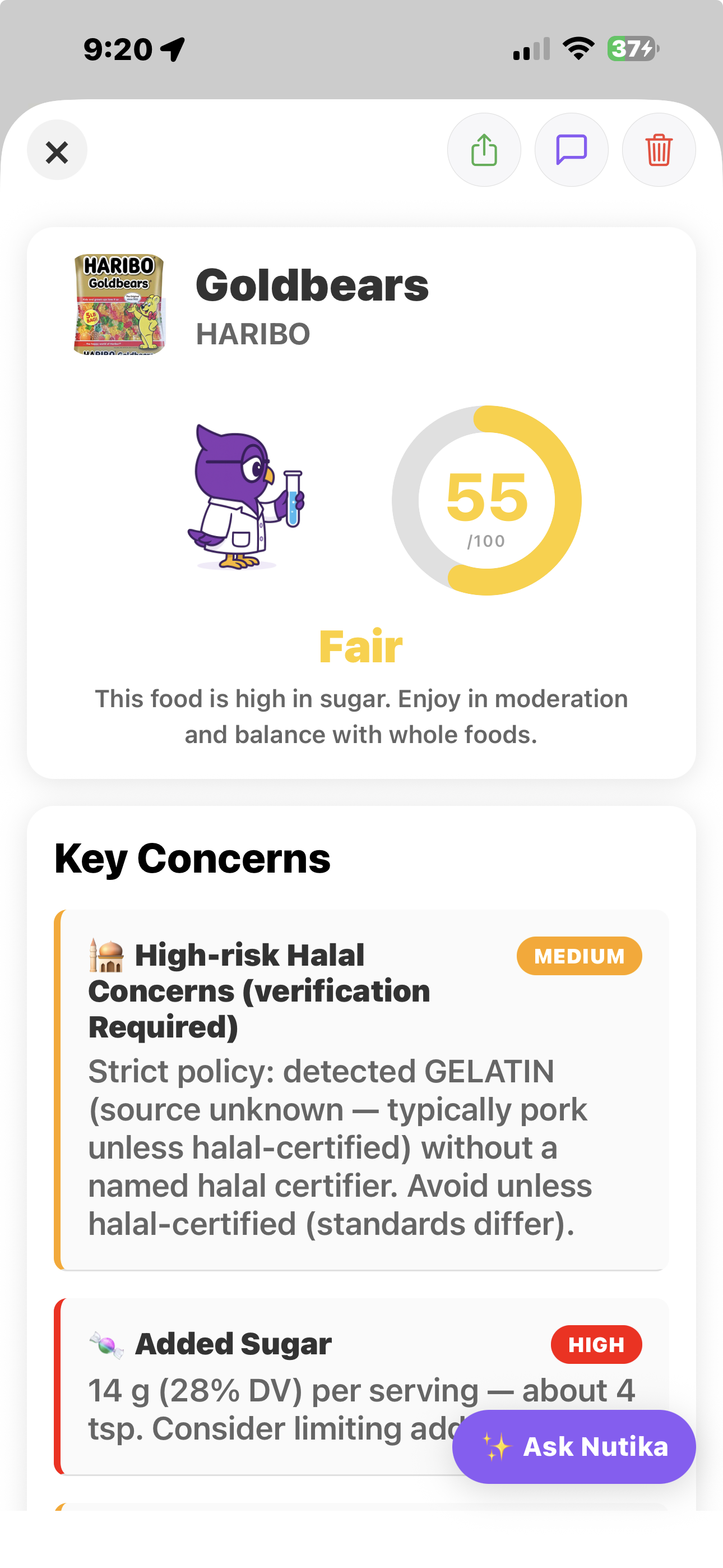 Nutika food analysis screenshot